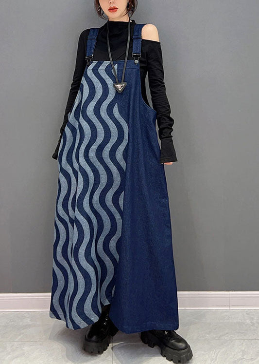 Blue Patchwork Cotton Denim Strap Dresses Spring