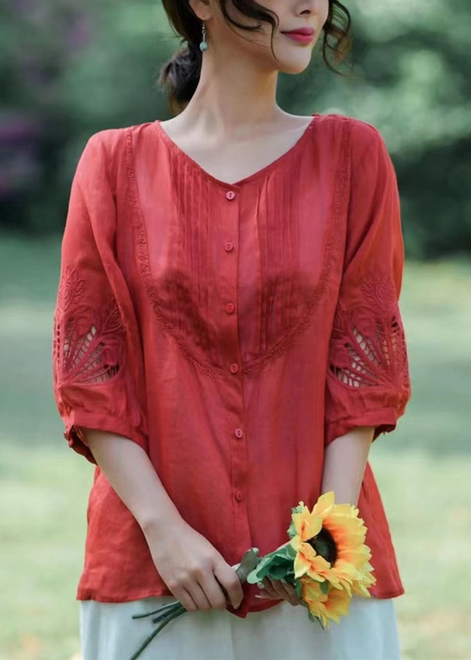 Unique Green O-nec Embroideried Wrinkled Ramie Top Fall