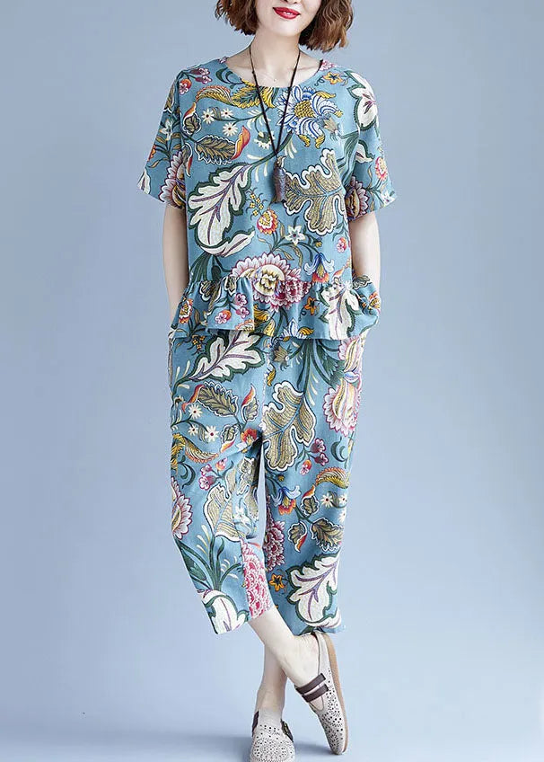 Blue O-neck Cotton Tops and Crop Pants Two Pieces Set Spring