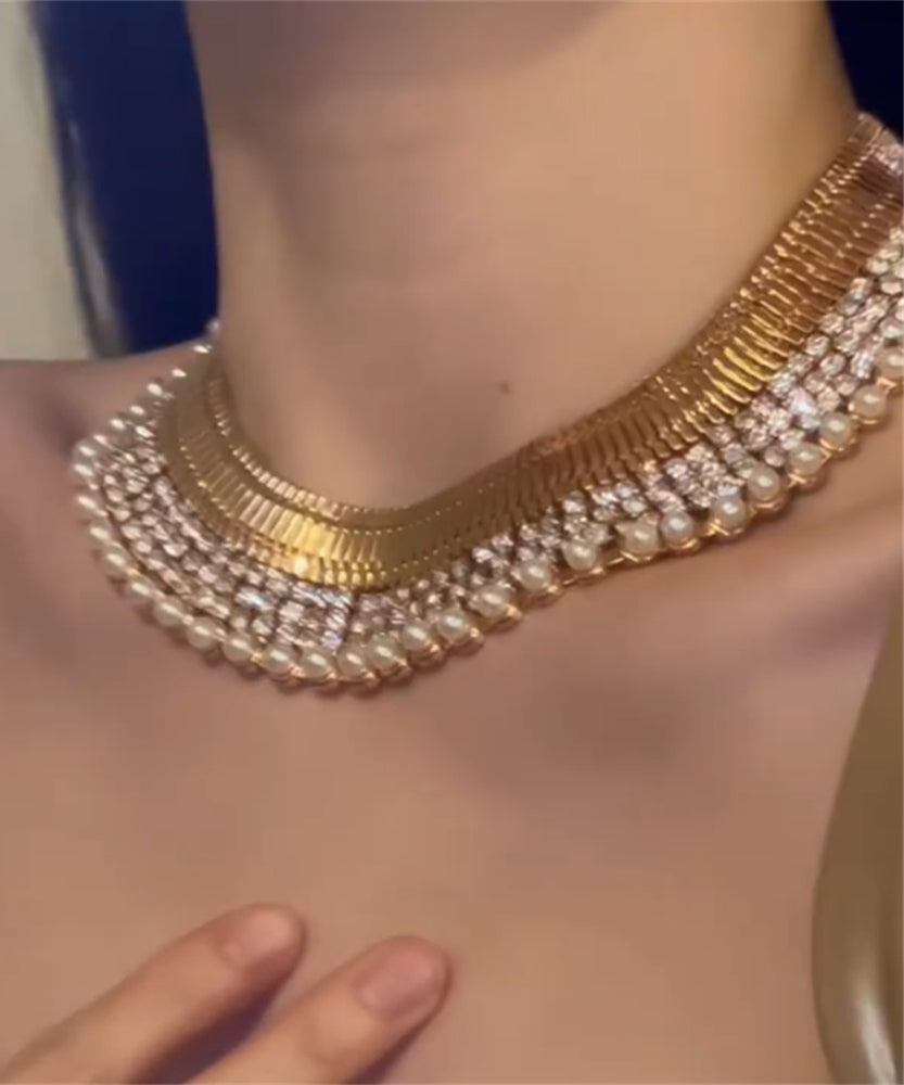 Gold Copper Alloy Zircon Pearl Gratuated Bead Necklace