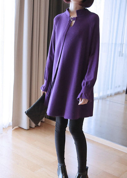 Stylish Purple V Neck Patchwork Loose Fall Knit Sweaters