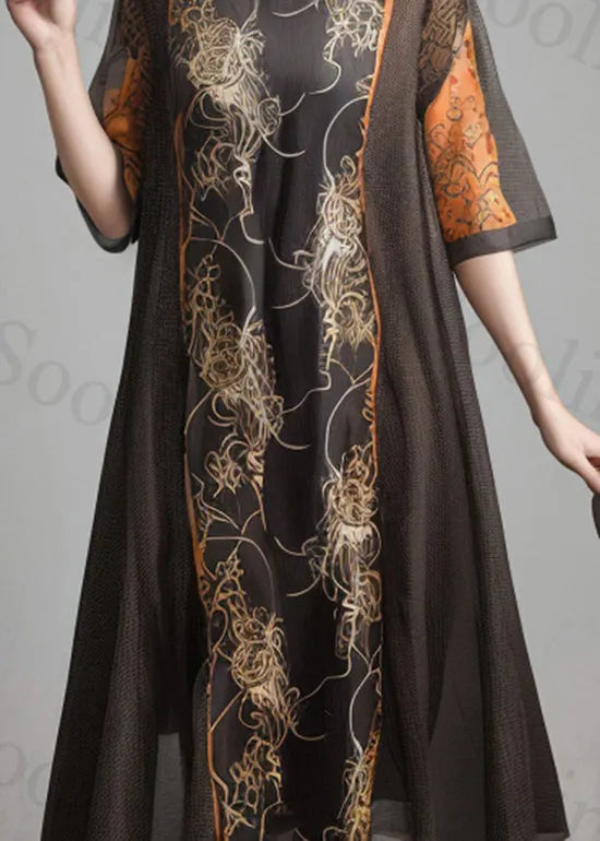 Black O Neck Print Silk Dress Summer