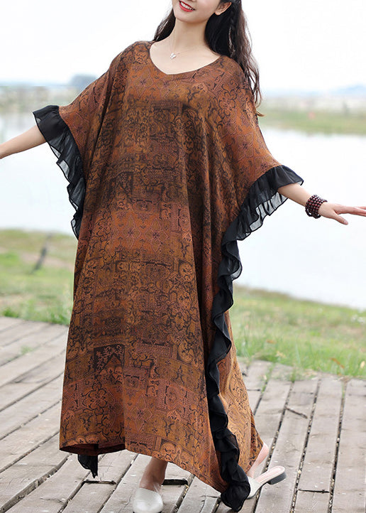 Original O-neck Ruffled Print Cotton Dresses Half Sleeve