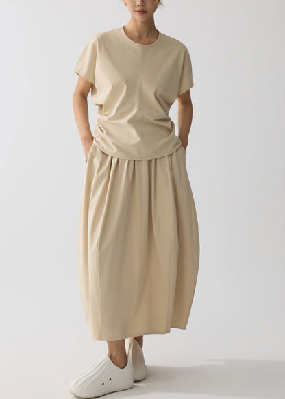 Khaki Oversized Wrinkled Cotton Two Pieces Set Summer