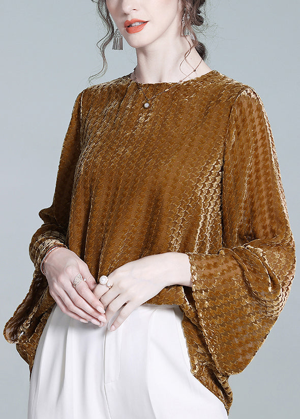 Yellow O Neck Silk Velour T Shirts Flare Sleeve
