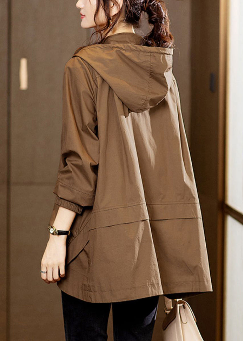 Coffee Hooded Pockets Patchwork Cotton Coats Fall