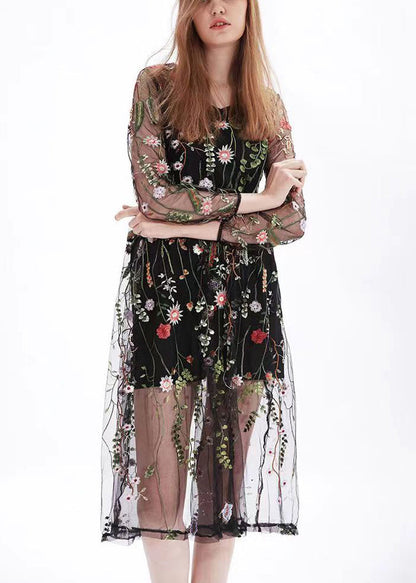 Black O-neck Embroidered Tulle Two Pieces Set Long Sleeve