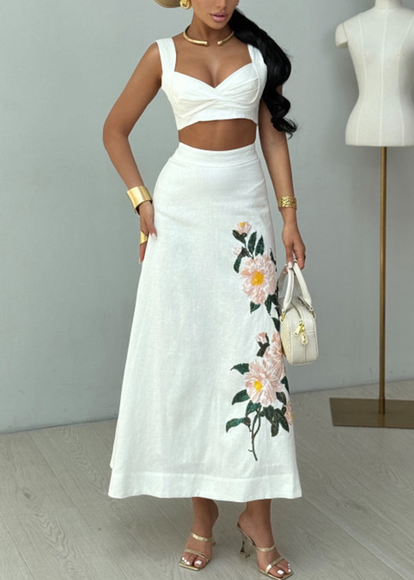 White Print High Waist Cotton Two Pieces Set Sleeveless