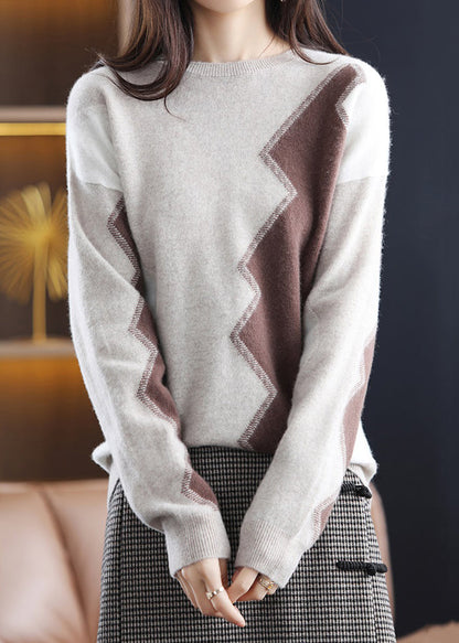 Grey O Neck Asymmetrical Patchwork Wool Sweaters Fall