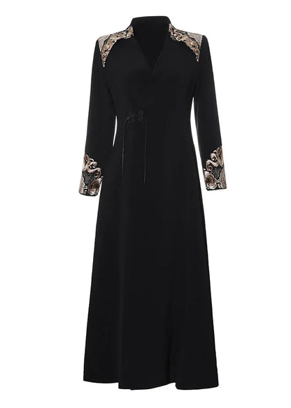 Black V Neck Embroideried Button Satin Trench Coats Fall