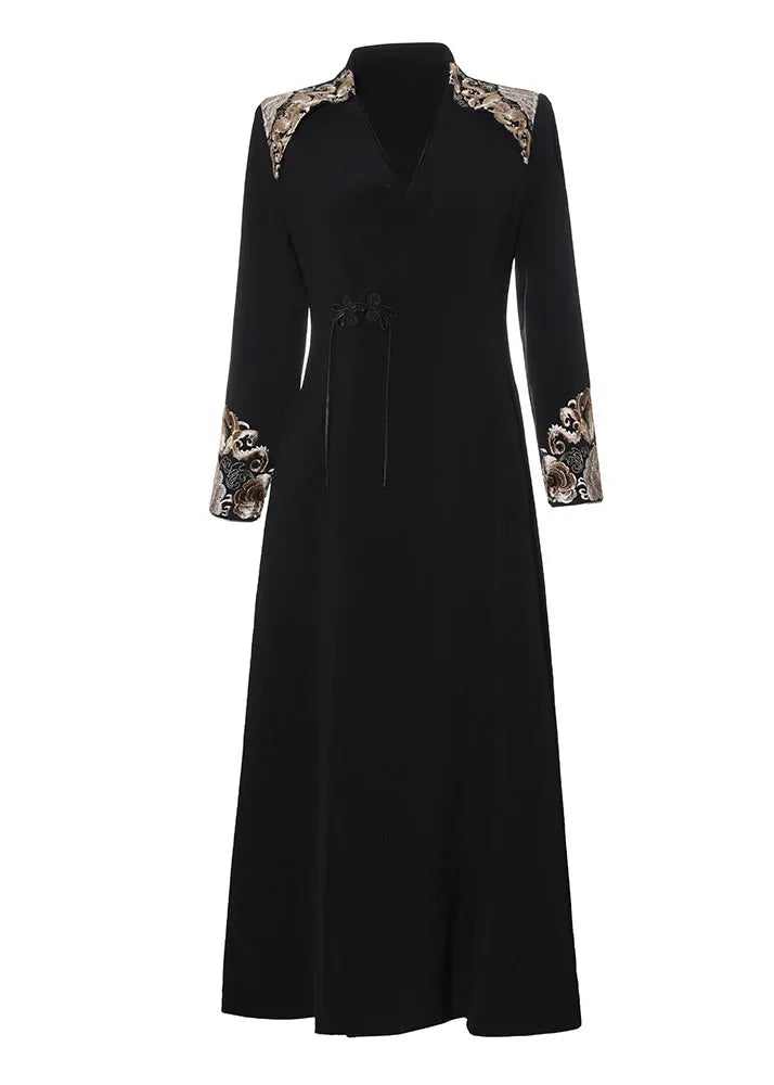 Black V Neck Embroideried Button Satin Trench Coats Fall