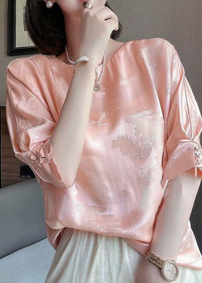 Pink O-neck Jacquard Button Silk Blouse Tops Half Sleeve