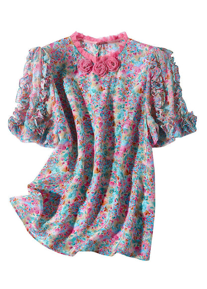 Ruffled Print Button Silk Top Short Sleeve