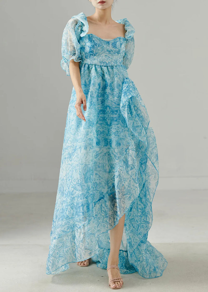 Blue Print Chiffon Full Dress Exra Large Hem Summer