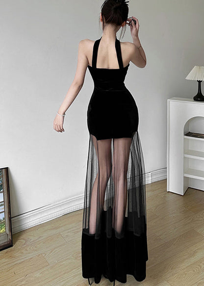 Black Backless Tulle Patchwork Dress for Summer