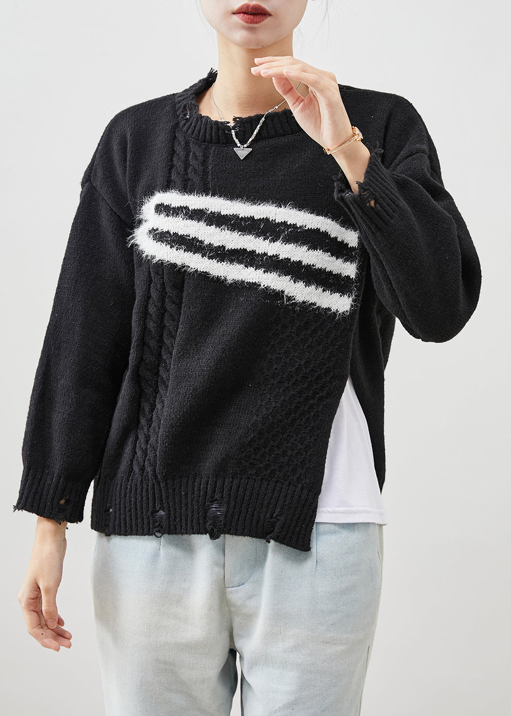 Black Side Open Knit Ripped Sweaters Winter