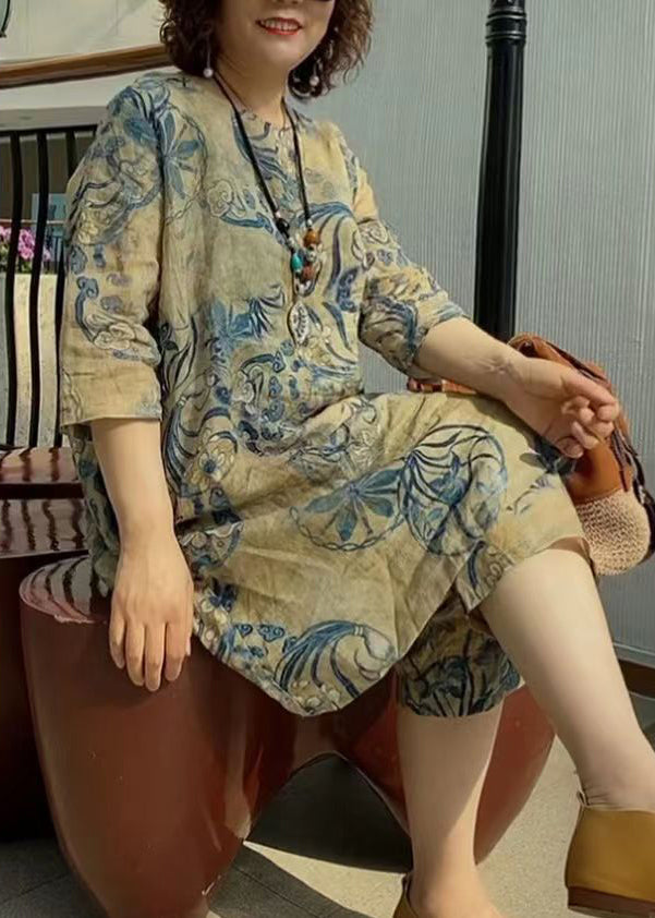 Khaki O-neck Print Linen Two Piece Suit Set Half Sleeve