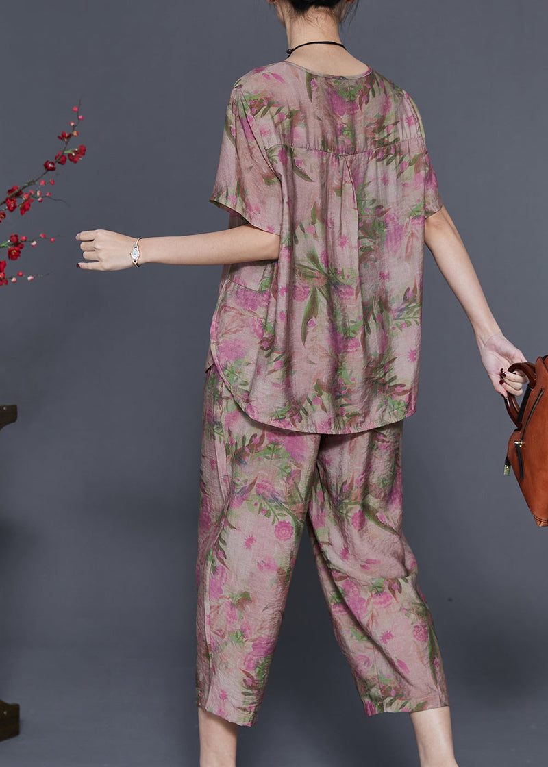 Boutique Purple Oversized Print Linen Two Pieces Set Summer