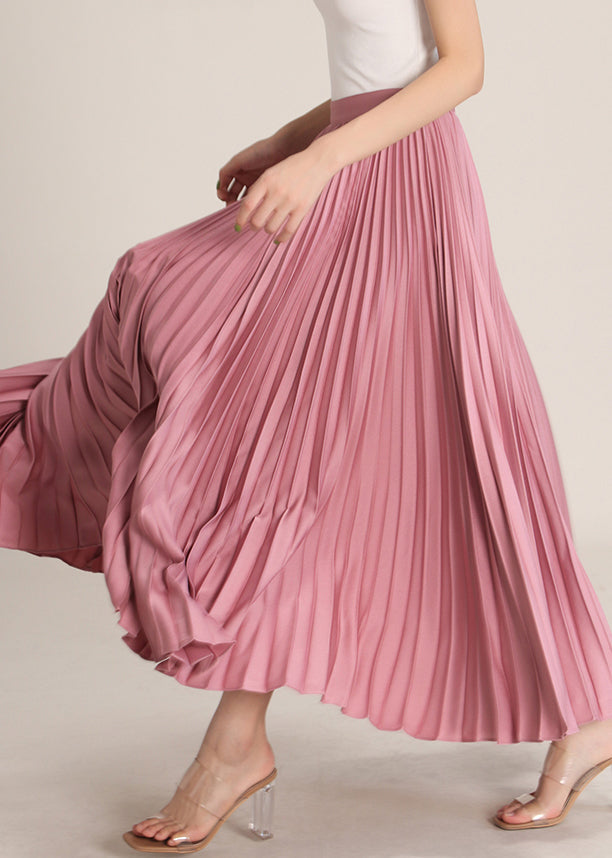Pink High Waist Silk Pleated Skirt Zippered Summer