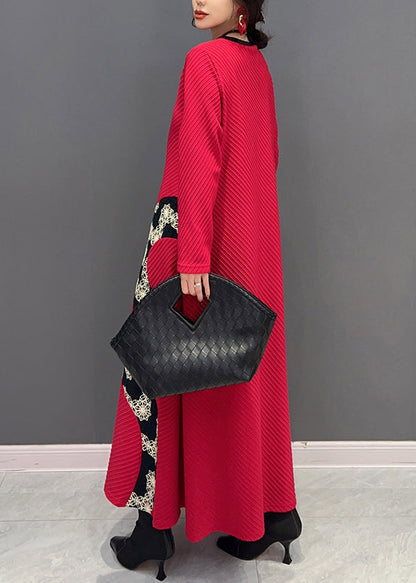 Red O Neck Print Patchwork Knit Long Dress Fall