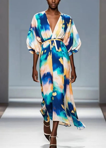 Bobo Blue Tie Dye Chiffon Dress V Neck Lantern Sleeve