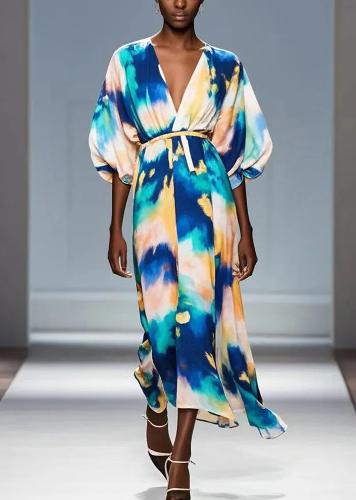 Bobo Blue Tie Dye Chiffon Dress V Neck Lantern Sleeve
