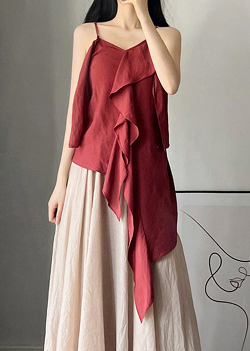 Classy Wine Red Asymmetrical Cotton Spaghetti Strap Tank Sleeveless