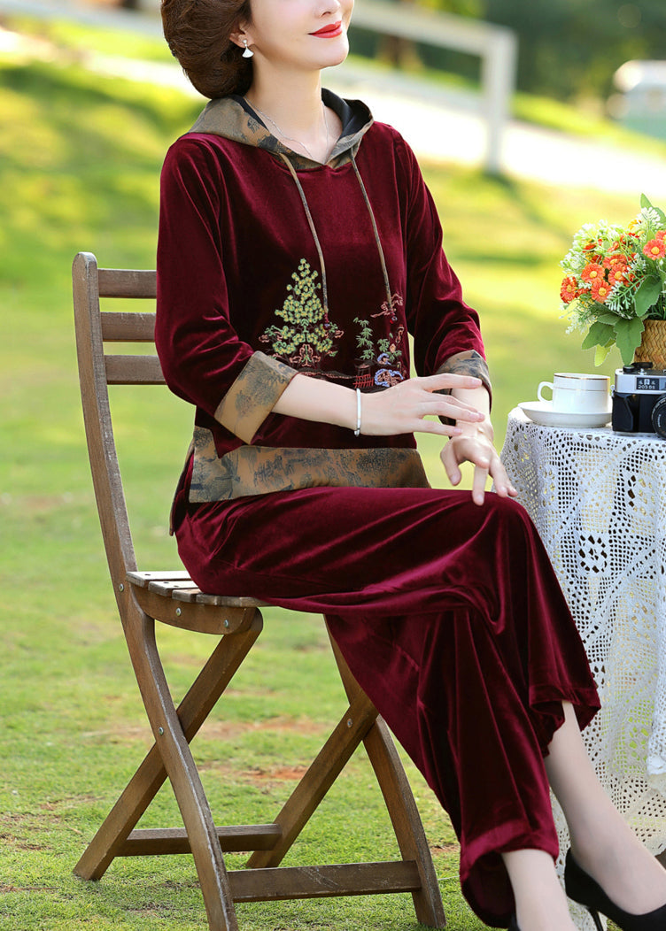 Wine Red Drawstring Silk Velour Pullover and Wide Leg Pants Two Pieces Set Long Sleeve