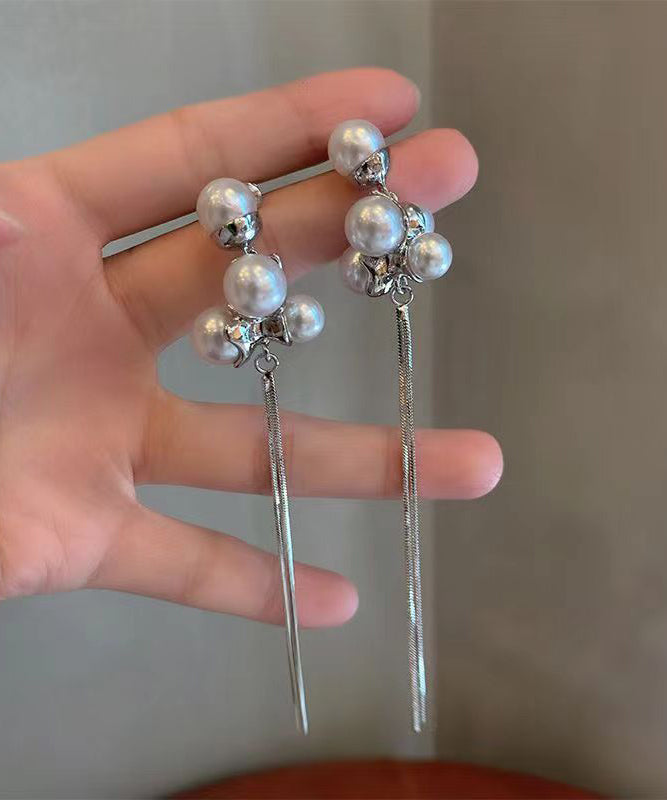 Silk Sterling Silver Alloy Pearl Tassel Drop Earrings