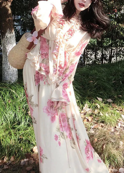 Apricot Ruffled Print Chiffon Two Pieces Set Spring