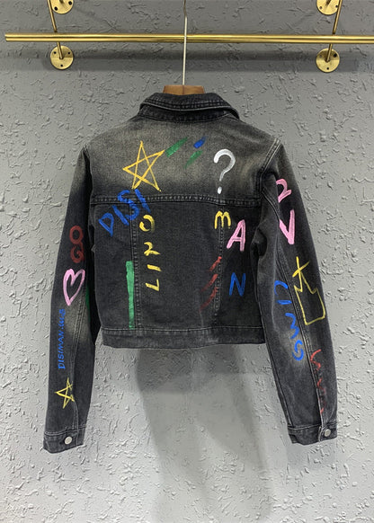 Black Gray Lapel Graffiti Denim Jacket Autumn