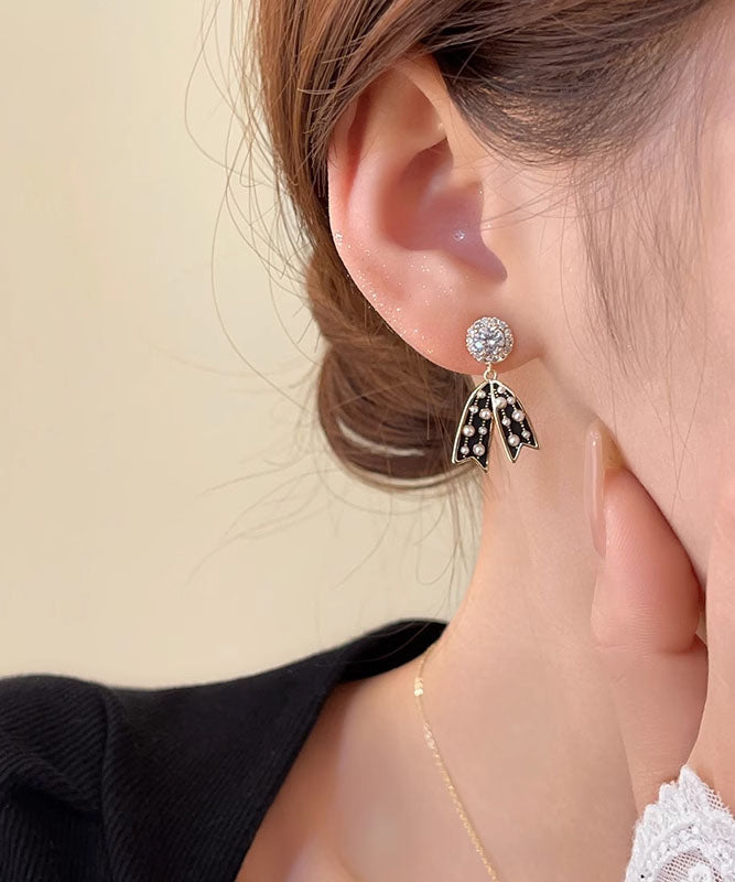 Black Sterling Silver Zircon Pearl Tassel Drop Earrings