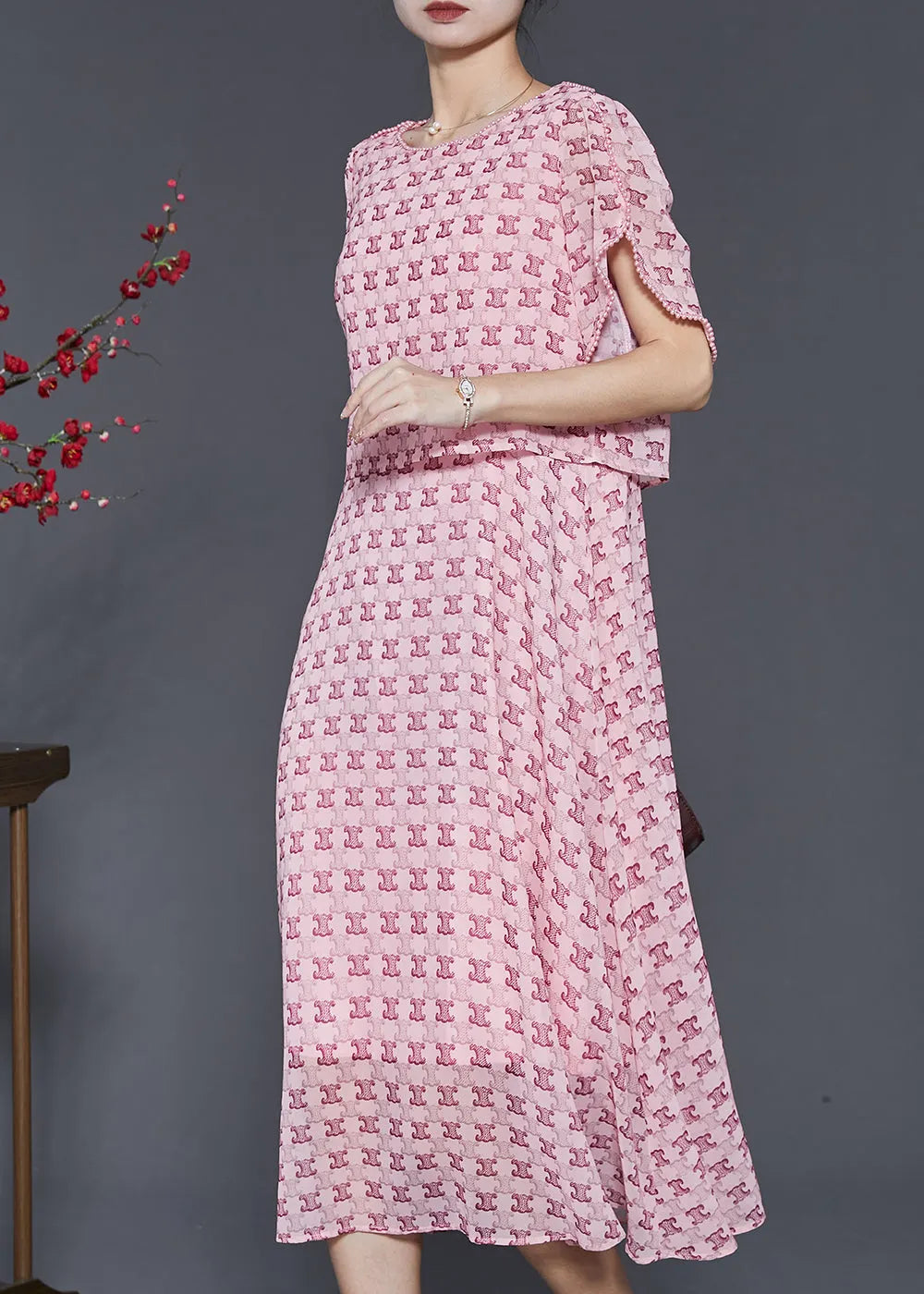 Modern Pink Print Silm Fit Fake Two Piece Dresses Summer