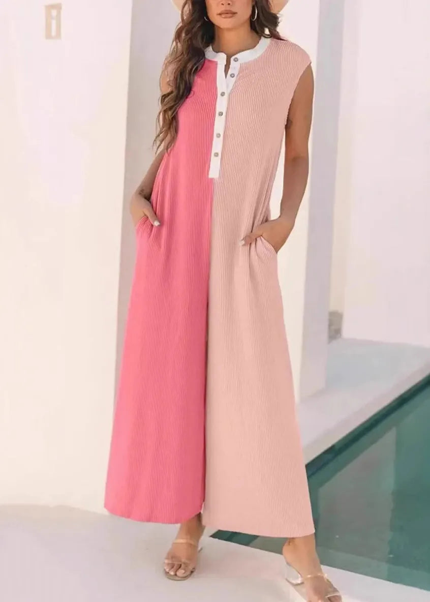 Pink Pockets Patchwork Cotton Jumpsuit Sleeveless