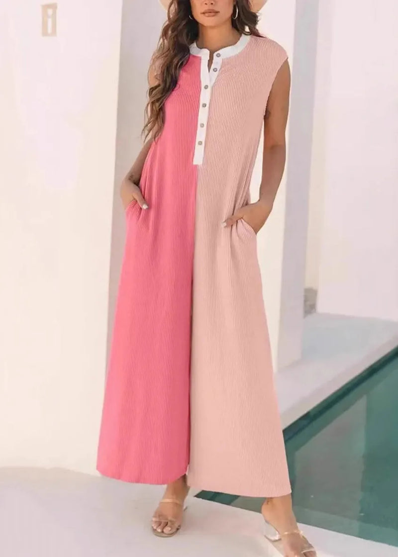 Pink Pockets Patchwork Cotton Jumpsuit Sleeveless