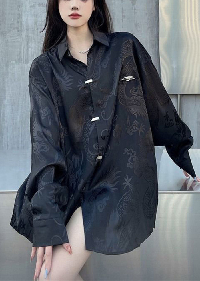 Black Oversized Jacquard Silk Shirt Tops Fall