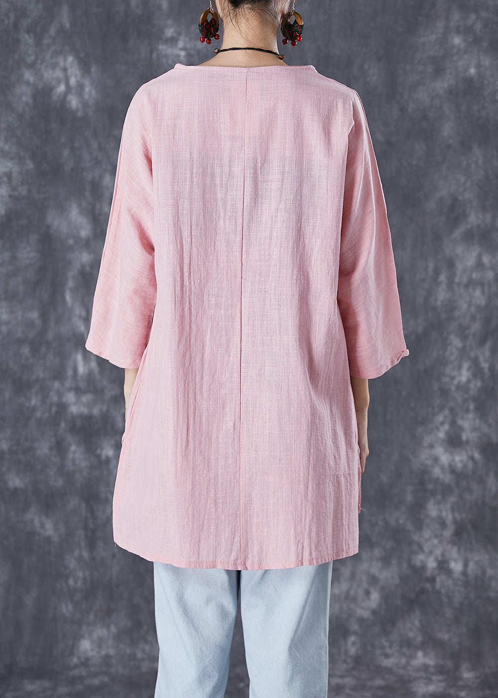 Pink Asymmetrical Print Linen Blouse Tops Fall