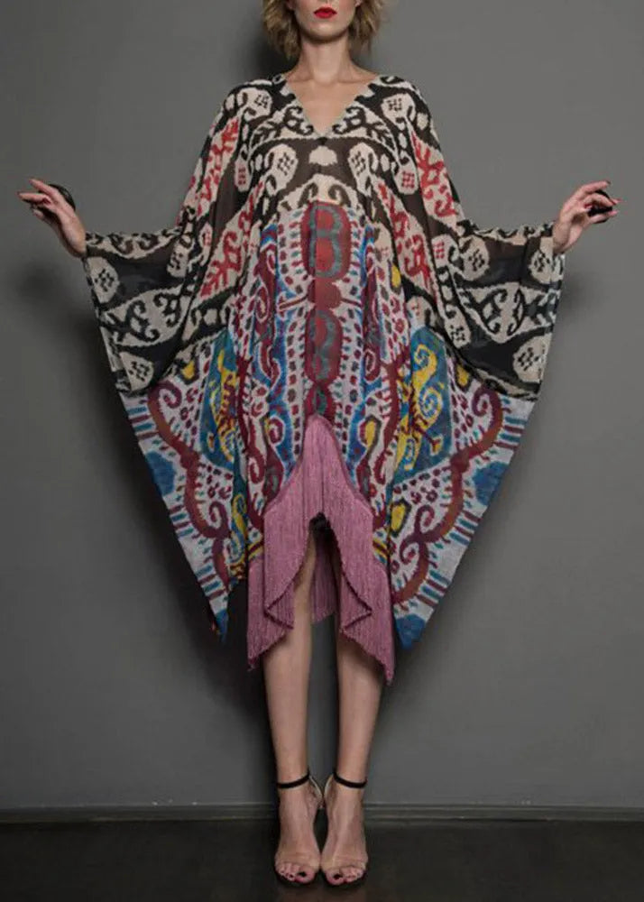 Novelty White V Neck Asymmetrical Print Tassel Patchwork Long Dress Long Sleeve
