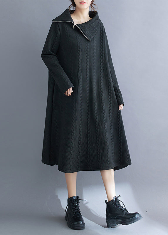 Black Asymmetrical Turtleneck Cotton Long Dress Fall