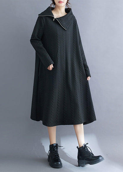 Black Asymmetrical Turtleneck Cotton Long Dress Fall