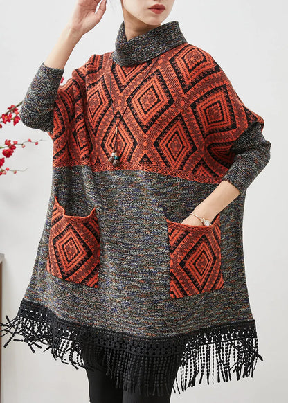 Orange Patchwork Knit Vacation Dresses Turtle Neck Tasseled Spring