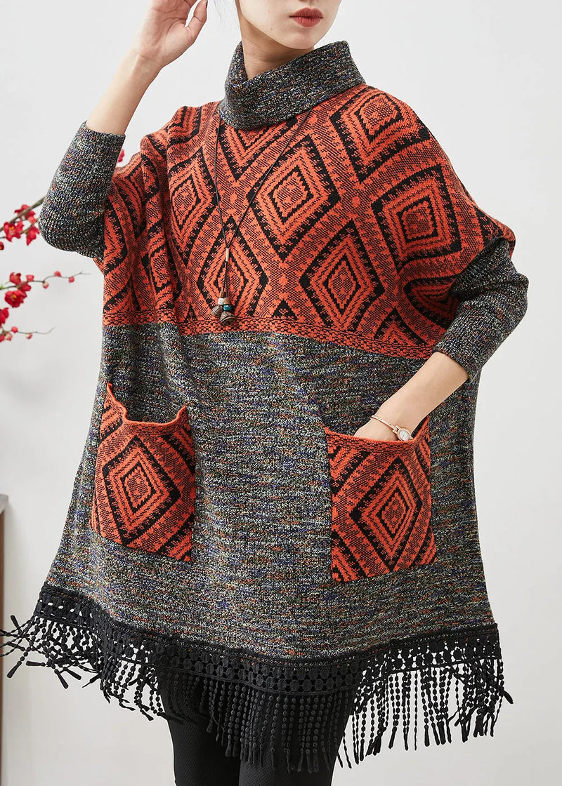 Orange Patchwork Knit Vacation Dresses Turtle Neck Tasseled Spring