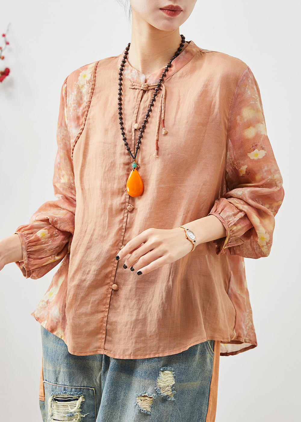 Orange Mandarin Collar Patchwork Cotton Shirt Summer