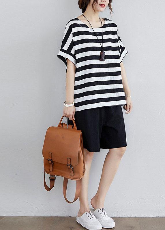 Simple Black White Striped Side Open Two Pieces Set Summer Cotton
