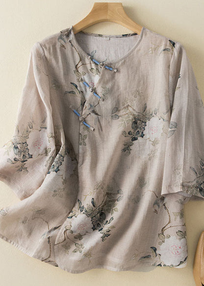 New O-neck Print Chinese Button Patchwork Linen Shirt Summer