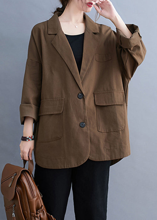 Coffee Notched Button Pockets Cotton Coats Fall
