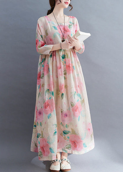 O-neck Cinched Print Vacation Dress Three Quarter Sleeve