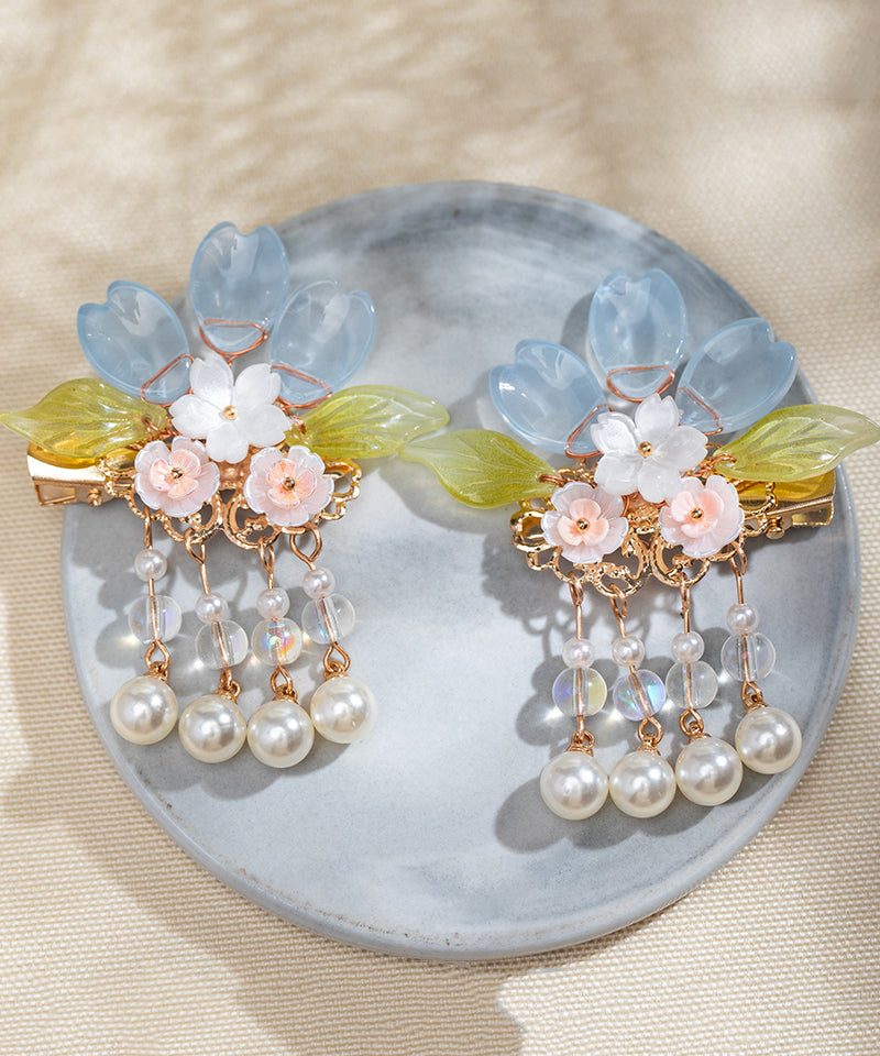 Diy Colorblock Copper Alloy Pearl Colored Glaze Tassel a Pair Hairpin