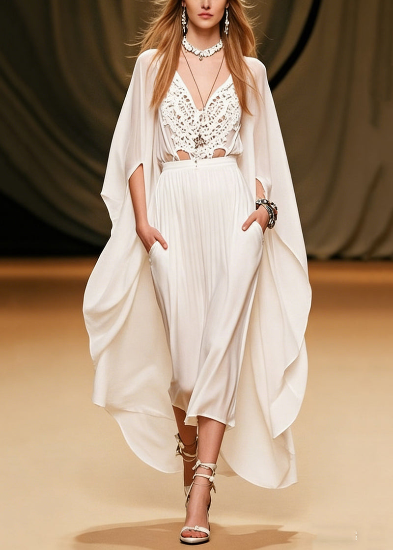 Art White V Neck Hollow Out Pockets Chiffon Two Piece Set Batwing Sleeve