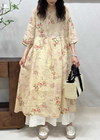 Yellow V Neck Print Linen Long Dresses Half Sleeve